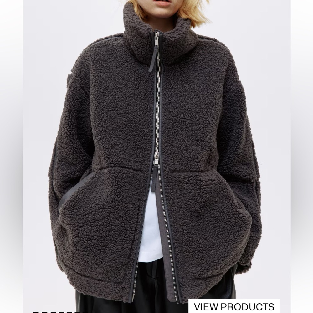 H&M Loose Fit Teddy Fleece Jacket in Dark Grey